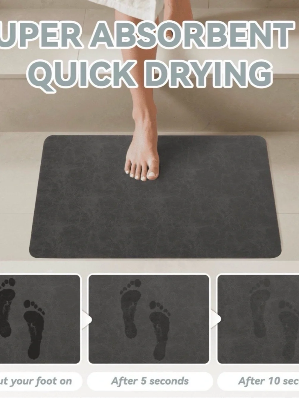 Vunate Fast-Drying Rubber Bath Mat 16” x 24” – Non-Slip, Super Absorbent – Black